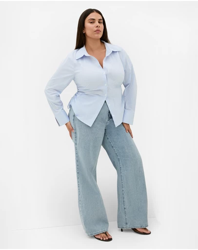 City Chic - Plus size Tayla Side Cinched Stripe Shirt - sky blue