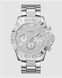 GUESS - Silver-Tone Multi-function Men's 48mm Silver Dial with Crystals on Bezel Watch