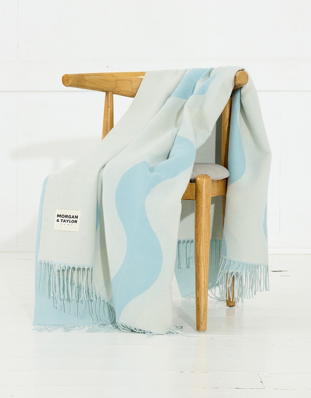 Morgan & Taylor - River Throw Blanket in Beige with a Light Blue Wave Pattern