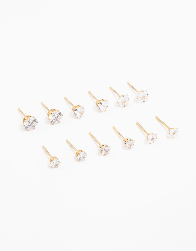 Lovisa - Waterproof Gold Plated Stainless Steel Cubic Zirconia Stud Earrings 6-Pack
