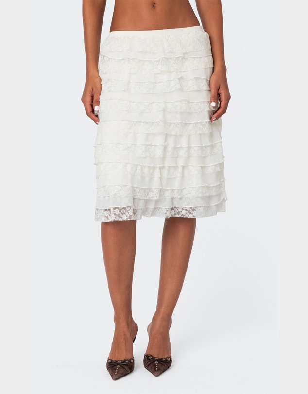 EDIKTED - Louise Lace And Mesh Ruffle Midi Skirt