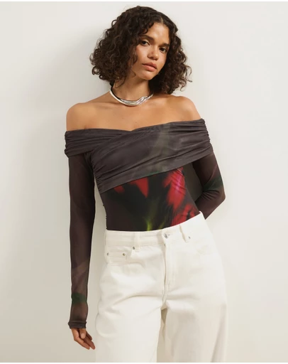 Atmos&Here - Ophelia Cross Off Shoulder Mesh Long Sleeve Top