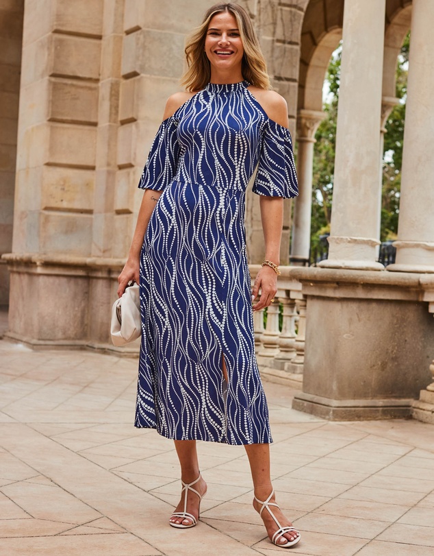 Sosandar - Swirl Print Jersey Cold Shoulder Midi Dress