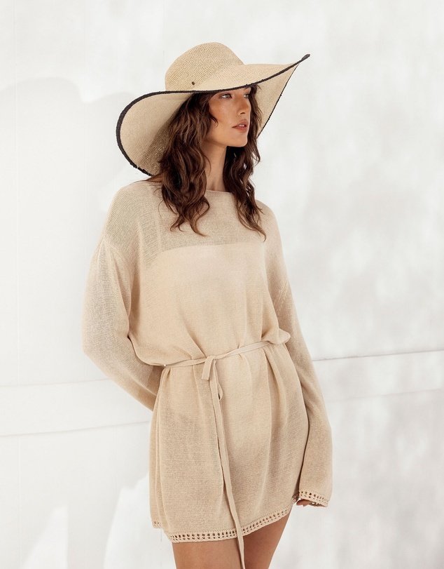 Morgan & Taylor - Raegan Crochet Straw Sun Hat in Natural Beige and Black Stripe
