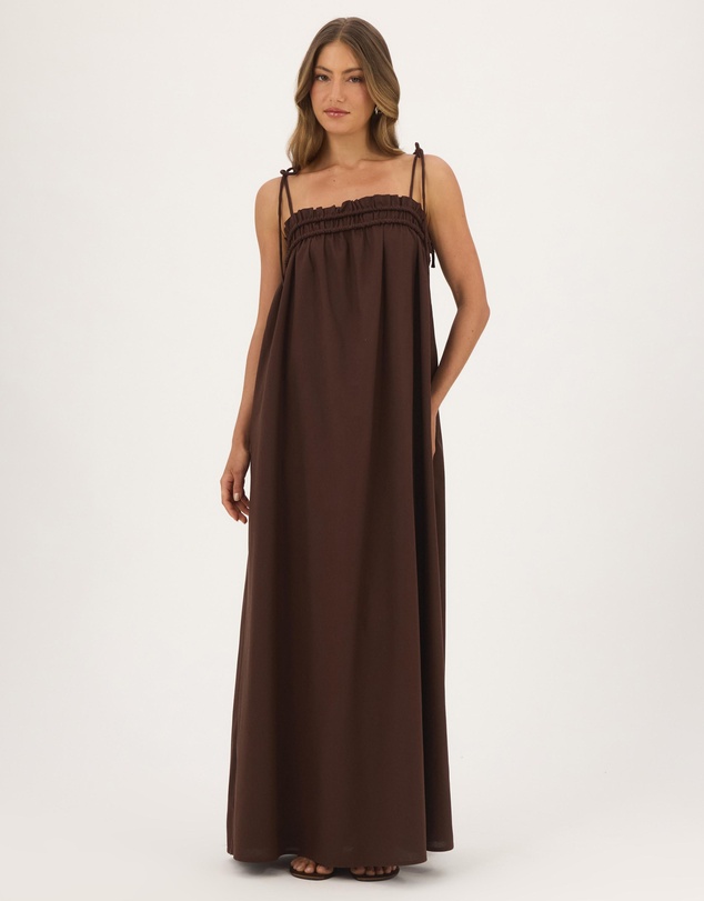 Atmos&Here - Eire Maxi Dress With Tie Straps And Shirring Detail In Linen Blend