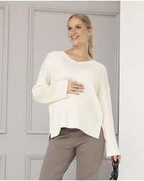Angel Maternity - Maternity V neckline Side Button Knit Jumper in Cream