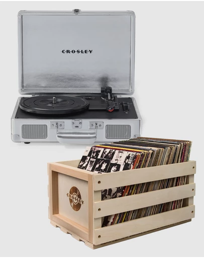 Crosley - Crosley Cruiser Bluetooth Portable Turntable - Silver + Bundled Crosley Record Storage Crate