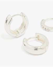 Lovisa - Silver Plated Brass Mini Cubic Zirconia & Plain Huggie Earrings 2-Pack