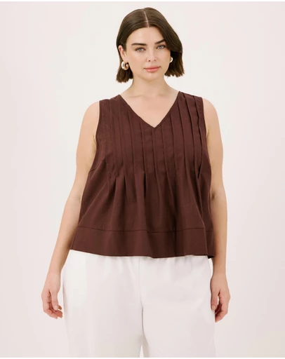 Atmos&Here Curvy - Rhea Linen Blend Pintuck Sleeveless Top