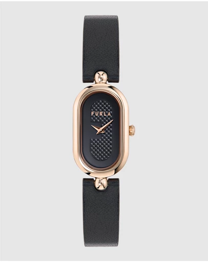 Furla - Ooh Rose 32mm Oval Rose Gold-Tone Case with Black Leather Strap