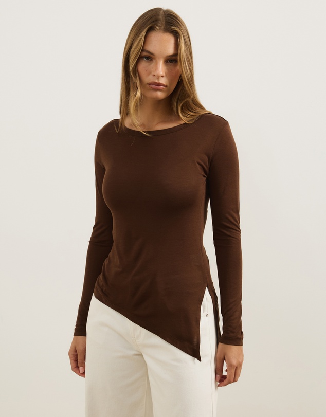 Atmos&Here - Wool Blend Asymmetrical Hem Long Sleeve Top