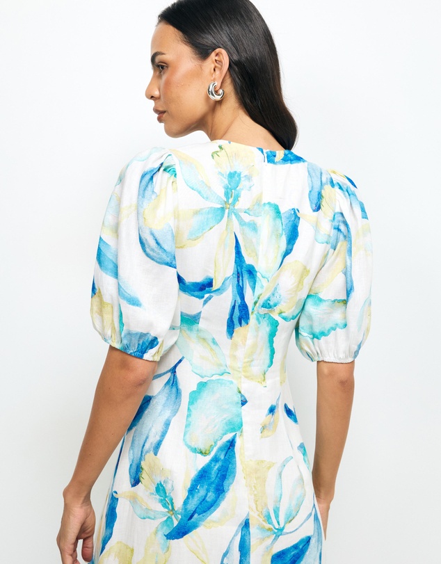 AERE - Kira Puff Sleeve Linen Midi Dress