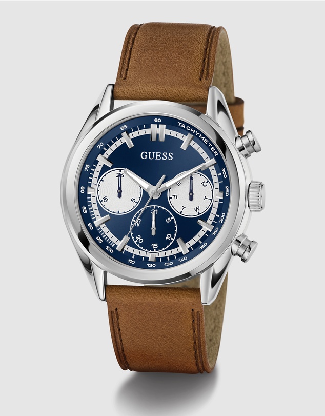 GUESS - Guess Dawson Mens Brown Silver Tone Multi-function Watch
