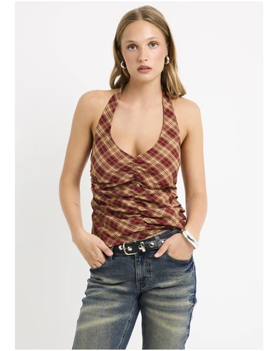 Insight - Kiera Ruched Check Halter Top