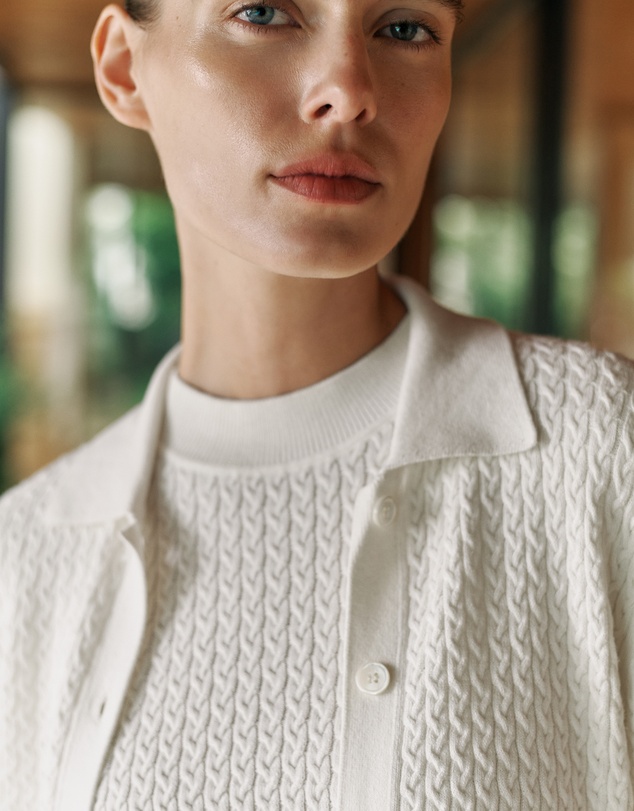 Trenery - Cotton Cashmere Cable Mock Neck Knit in Ivory