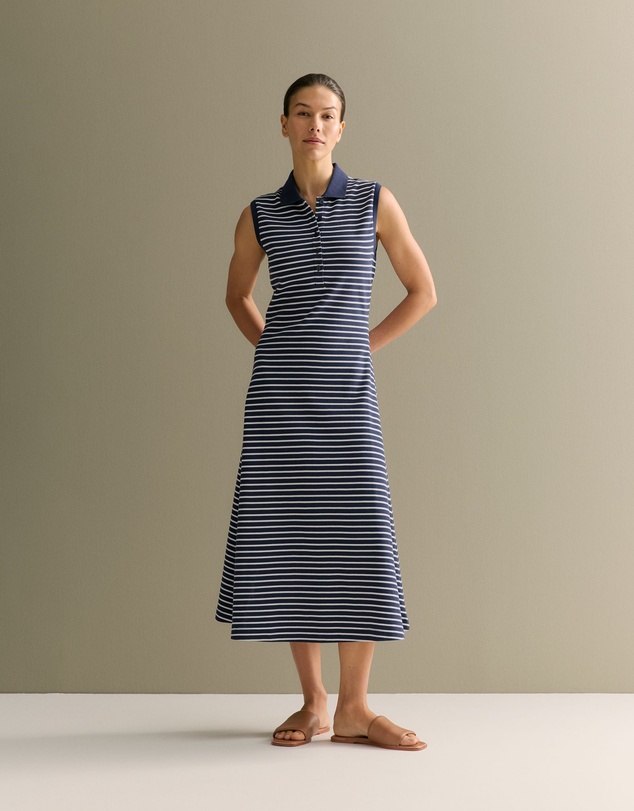 Trenery - Cotton Pique Stripe Sleeveless Polo Dress in Navy