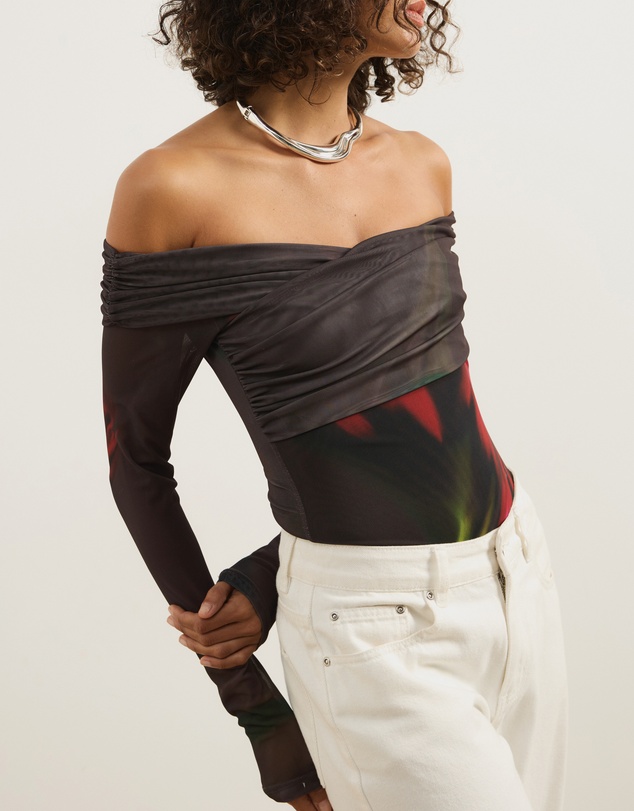 Atmos&Here - Ophelia Cross Off Shoulder Mesh Long Sleeve Top