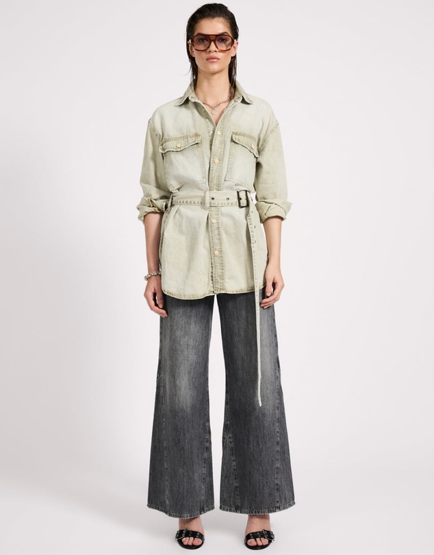 ONE TEASPOON - Belted Longline Denim Shirt - Antique Khaki