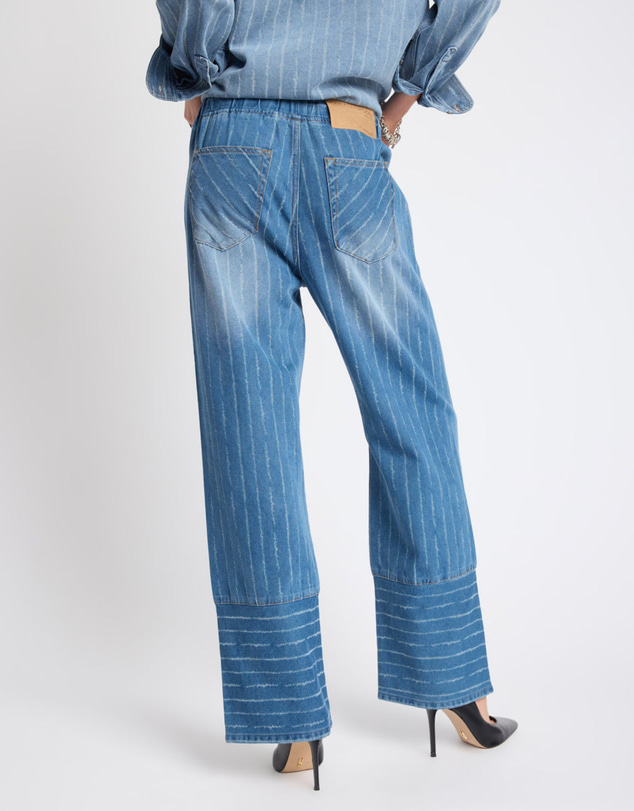 ONE TEASPOON - Roadhouse Mid Waist Wide Leg Drawstring Denim Jeans - Blue Stripe