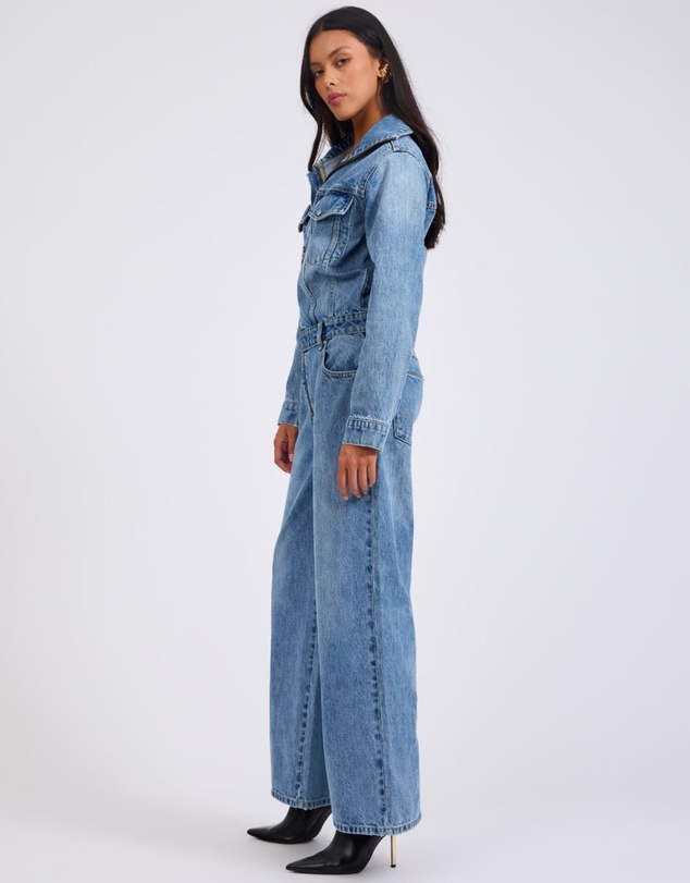 ONE TEASPOON - Charli Wide Leg Aviator Denim Jumpsuit - Pretty Blue