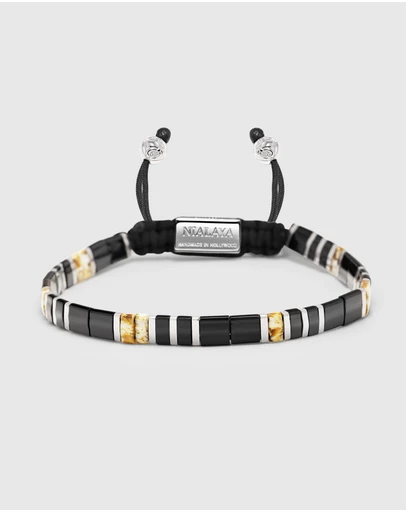 Nialaya Jewellery - Men's Bracelet with Black, White Marbled And Silver Miyuki Tila Beads