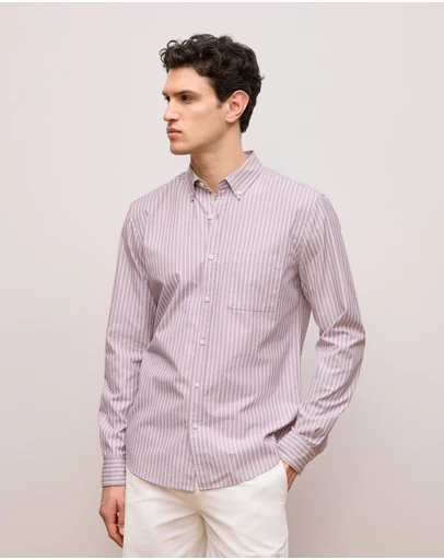 Trenery - Regular Fit Poplin Stripe Long Sleeve Shirt in Deep Red