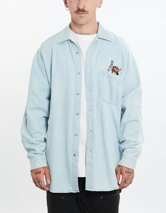 Vintage by The Real Deal - Pre Loved - Vintage 1998 Looney Tunes Cartoon Cartoon Denim Button Up Shirt