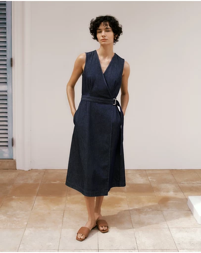 Trenery - Denim Sleeveless Wrap Dress in Indigo Rinse