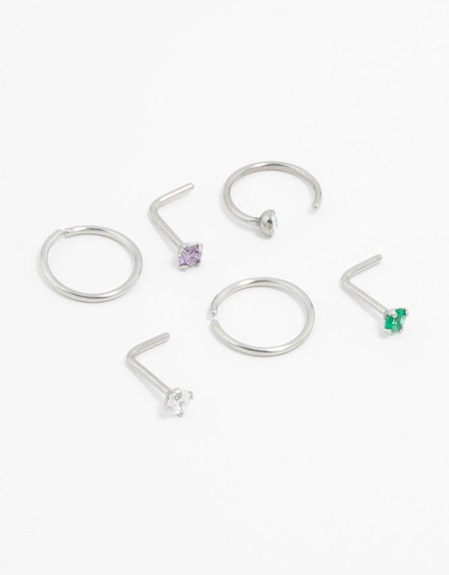 Lovisa - Surgical Steel Pastel Cubic Zirconia Nose Stud & Ring 6-Pack