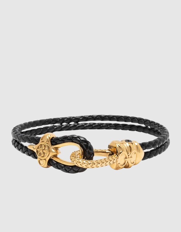 Nialaya Jewellery - Black Leather Bracelet with Gold Rope Clasp