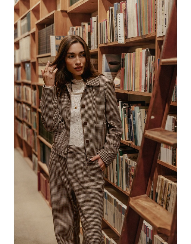 Petal & Pup - Harvie Crop Trucker Jacket - Brown Houndstooth