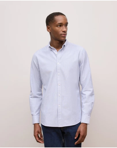 Trenery - Regular Fit Yarn Dyed Stripe Oxford Shirt in Steel Blue