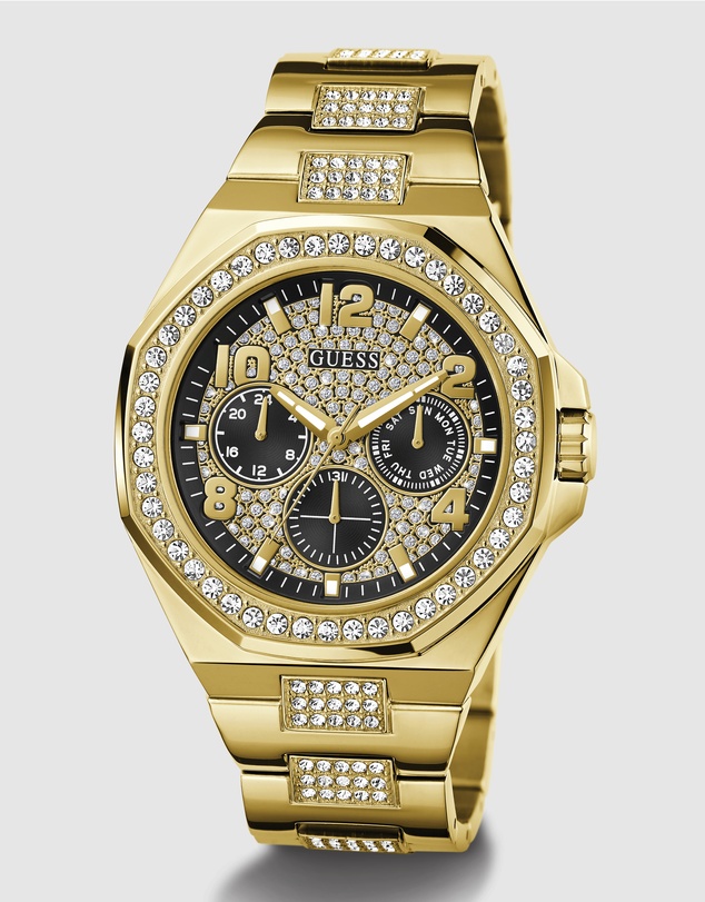 GUESS - Gold-Tone Multi-function Men's 46mm Black Dial with Crystals on Bezel and Strap Analogue Watch