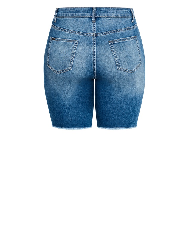 City Chic - Distressed Longline Denim Short - Mid Wash