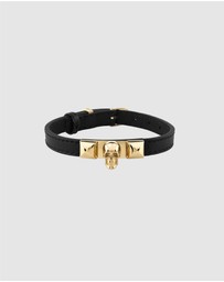 Philipp Plein - PLEIN ENIGMA IP Yellow Gold Skull Black Leather Bracelet