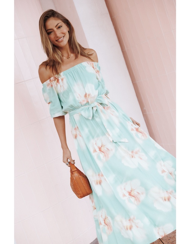 Petal & Pup - Nori Off Shoulder Maxi Dress - Jade Green Blurred Floral