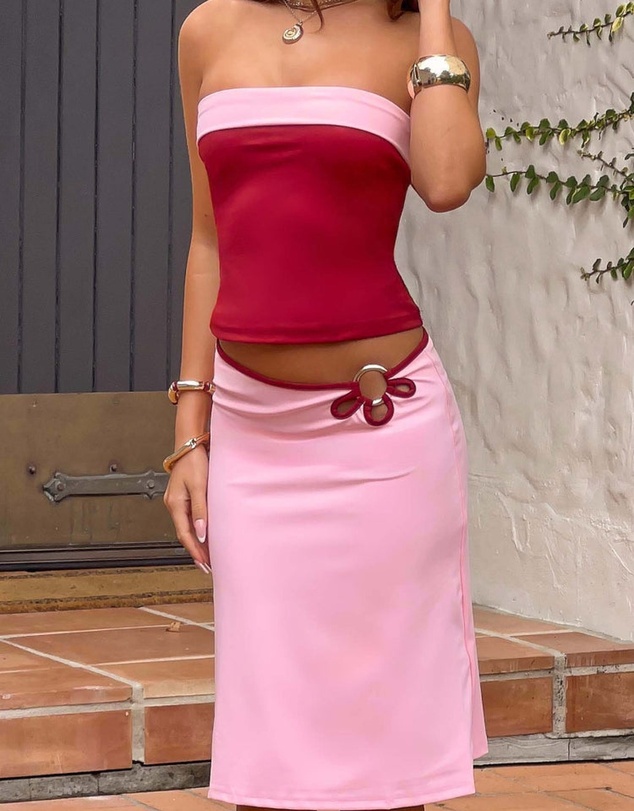 Beginning Boutique - Orlanda Pink Contrast Bind Midi Skirt