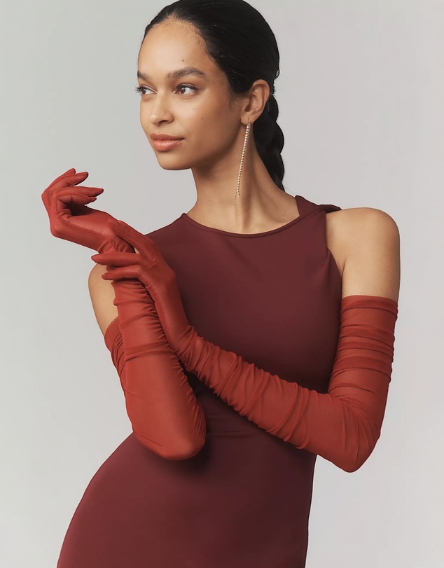 High Heel Jungle - Ariana Ruched Mesh Opera Glove - Wine