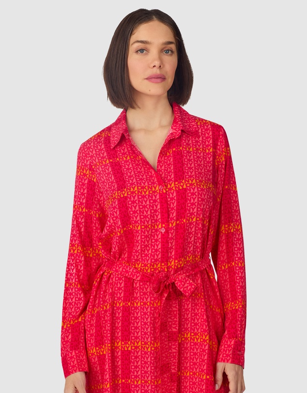 DKNY - Woven Viscose Midi Long-Sleeve Button Up Nightgown