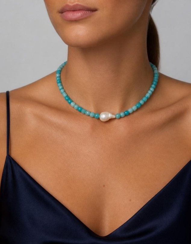 Izoa - Marguerite Baroque Pearl Gemstone Necklace Turquoise Amazonite