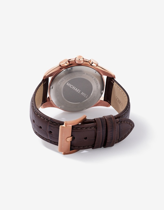 Michael Hill - Men's Chronograph Watch in Rose Tone Stainless Steel and Brown Leather