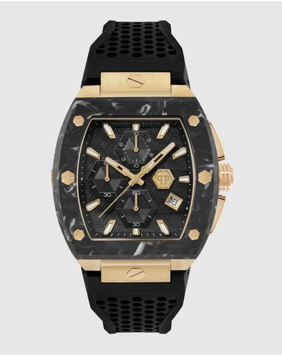 Philipp Plein - Philipp Plein Hexagon Phantom Chrono 44mm Black Dial Black Silicone Strap Watch