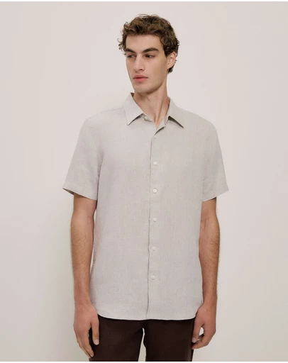 Trenery - Yarn Dyed Linen Short Sleeve Shirt in Flax