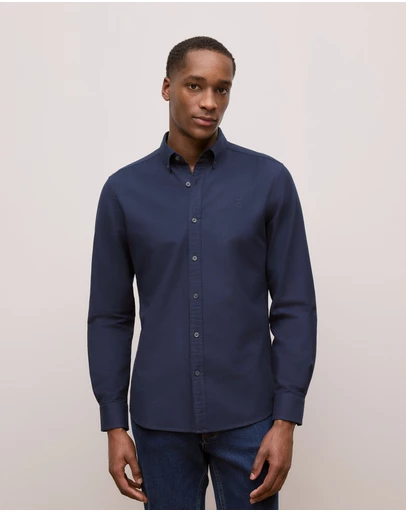 Trenery - Tailored Fit Cotton Monogram Oxford Shirt in Navy