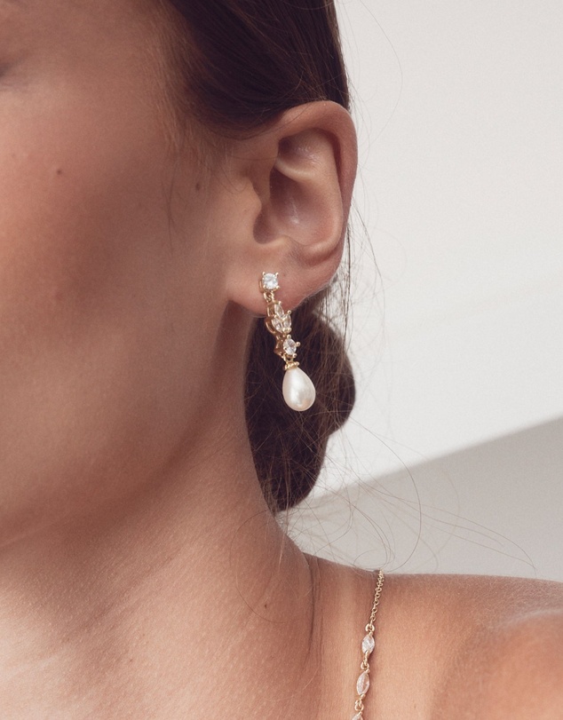 The White Collection - Hazel - Gold Pearl Bridal Drop Earrings