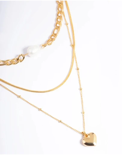 Lovisa - Waterproof Gold Plated Stainless Steel Heart & Freshwater Pearl Layered Necklace