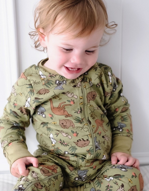 B Free Intimate Apparel - 100% Organic 2-Way Zip Sleepsuit - Baby & Toddler Khaki Native Aussie Animals
