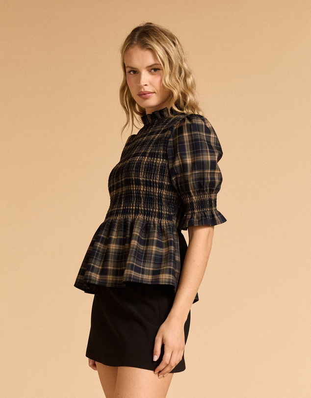 MVN - Plaid Shirring Short Sleeve Top