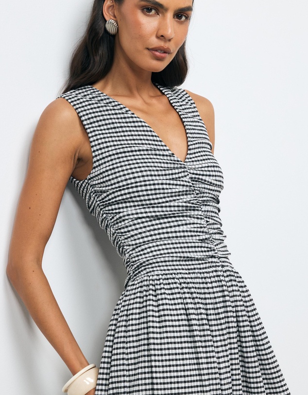 AERE - Anka Gingham Ruched Midi Dress