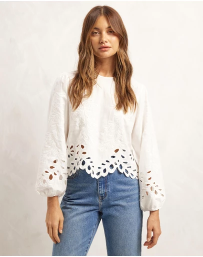 AERE - Embroidered Linen Blend Top